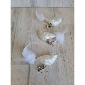 White rustic set bird feather Xmas vintage ornament clip on set unique home